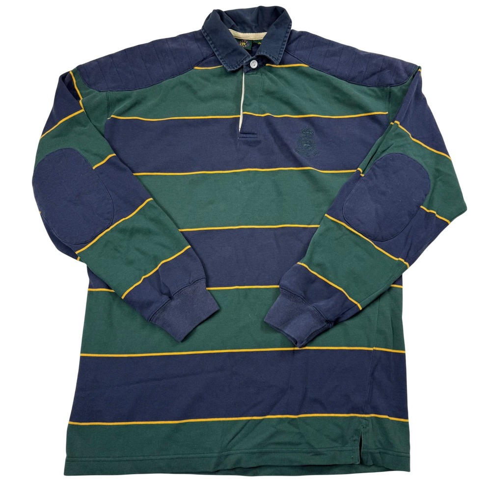 Club Room Mens Rugby Shirt Medium Green Navy Striped Elbow Patch Cotton Polo